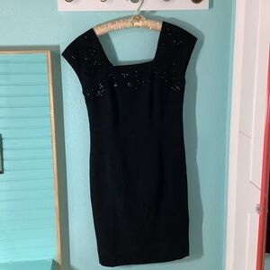 VTG MARLANNA Black Cocktail Dress Beaded Midi Sheath Short Sleeve Square Neck 8